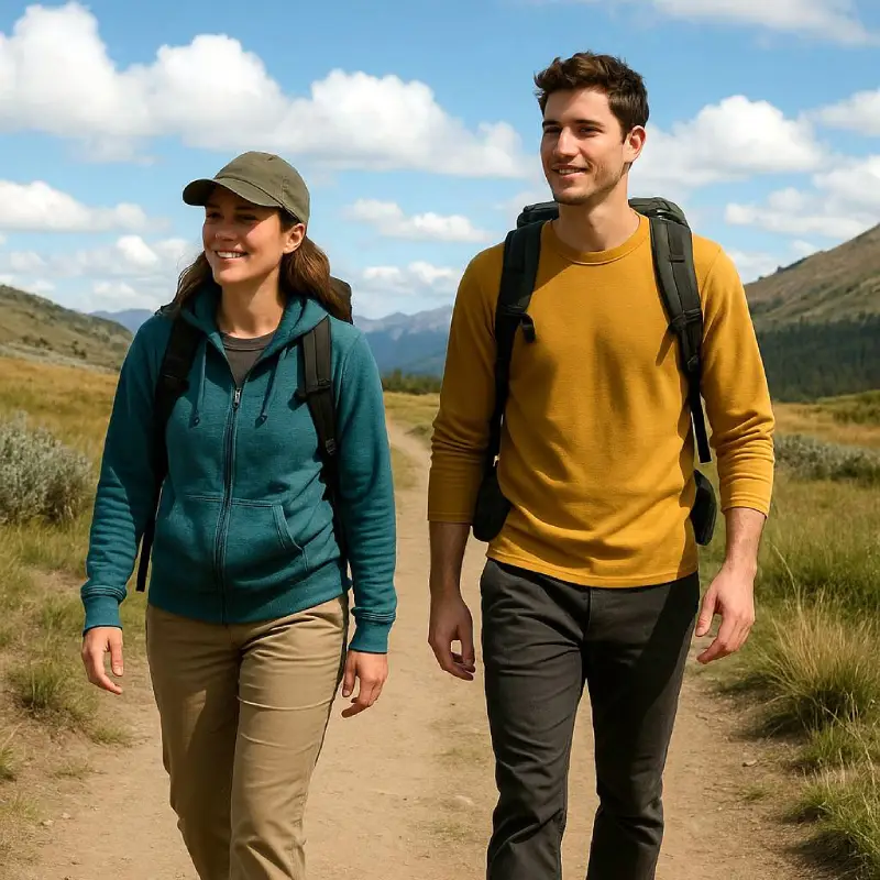 Un hombre y una mujer caminan por un sendero en plena naturaleza