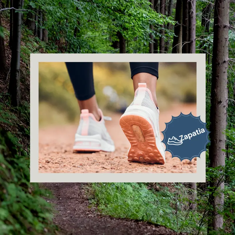 Infografía de Zapatia con un bosque de fondo mientras destaca unas zapatillas de senderismo